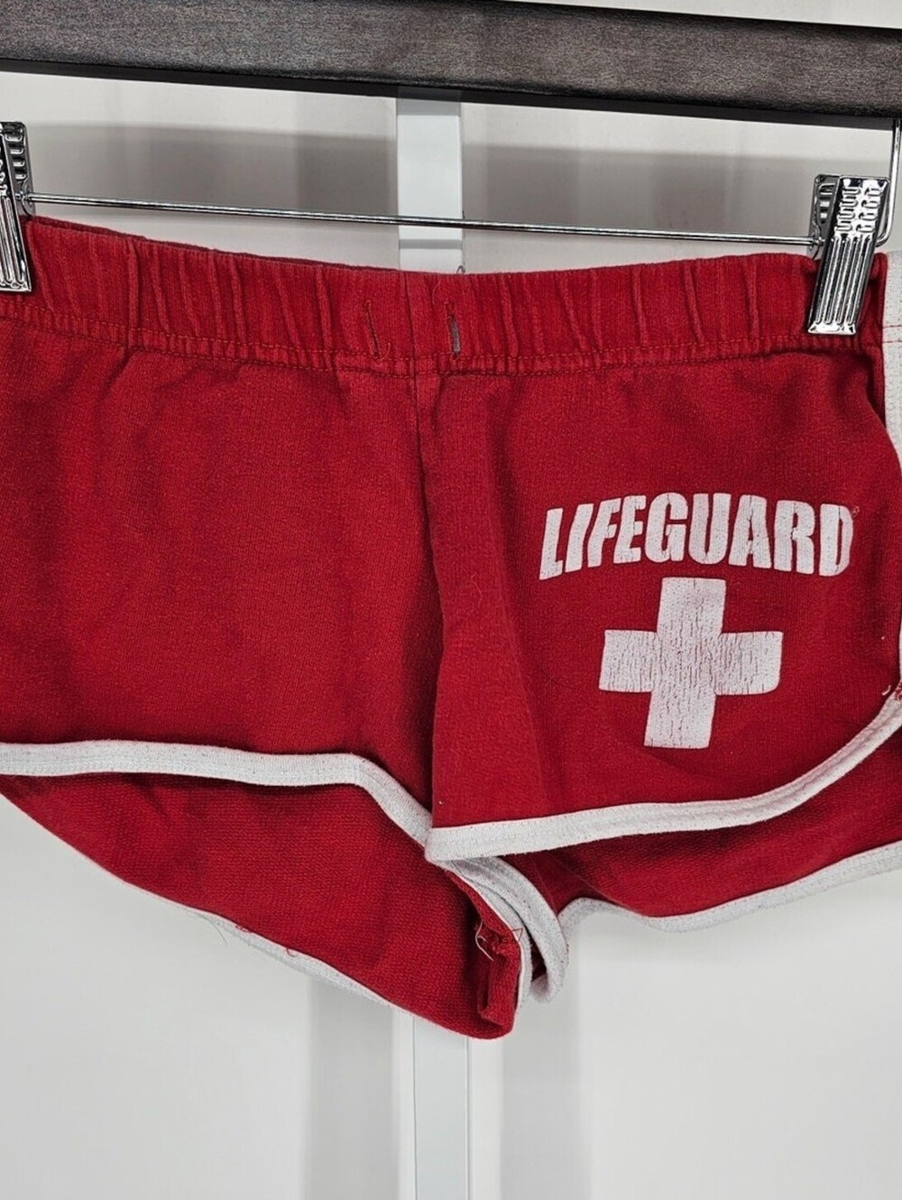 Vintage Y2K womens Sz M Micro Sweat Shorts Official Lifeguard Red White